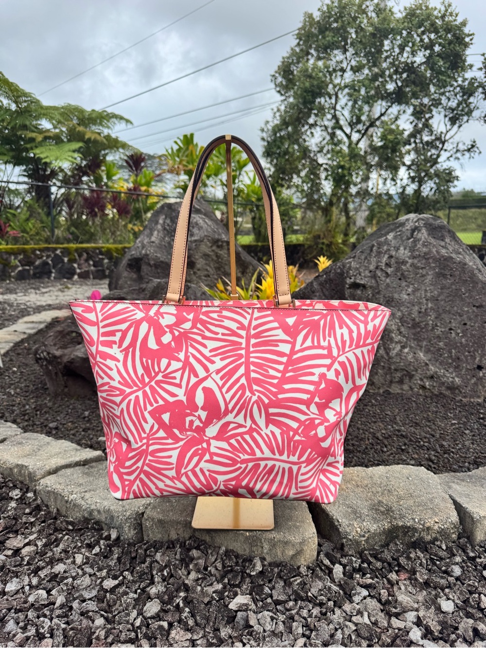 Kate Spade Pink White Tropical Floral Large Zip Tote Shoulder Bag - Picture 3 of 11